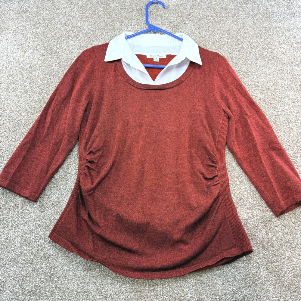 Studio Works Womens Medium Rust Orange Layered Ruched Sweater 3/4 Sleeve Y2K